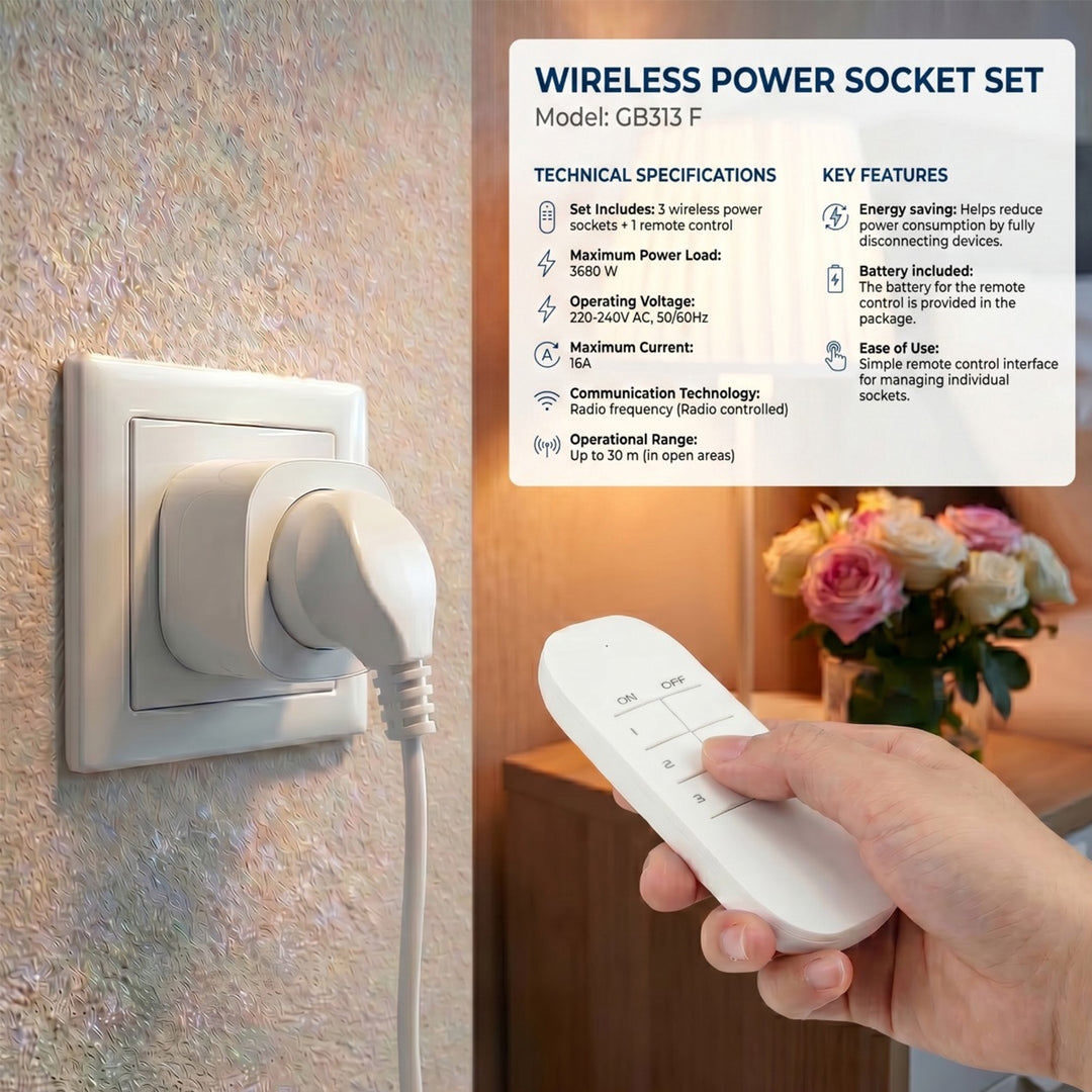 GreenBlue-stopcontacten met afstandsbediening, 3 stuks, programmeerbaar, bereik tot 30 m, 220-240 V AC, 50/60 Hz, 16 A, 433 MHz, GB313 F