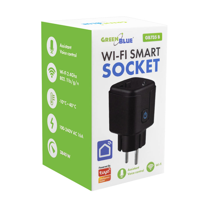 GreenBlue wifi-stopcontact met afstandsbediening, Android/iOS/Alexa/Google Home, timer, wattmeter, max. 16 A/3840 W, GB735 B