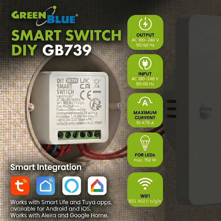 GreenBlue inbouw-wifi-schakelaar, Android/iOS/Alexa/Google Home, 100-240 V wisselstroom, 50/60 Hz, max. 16 A, voor LED 150 W, GB739