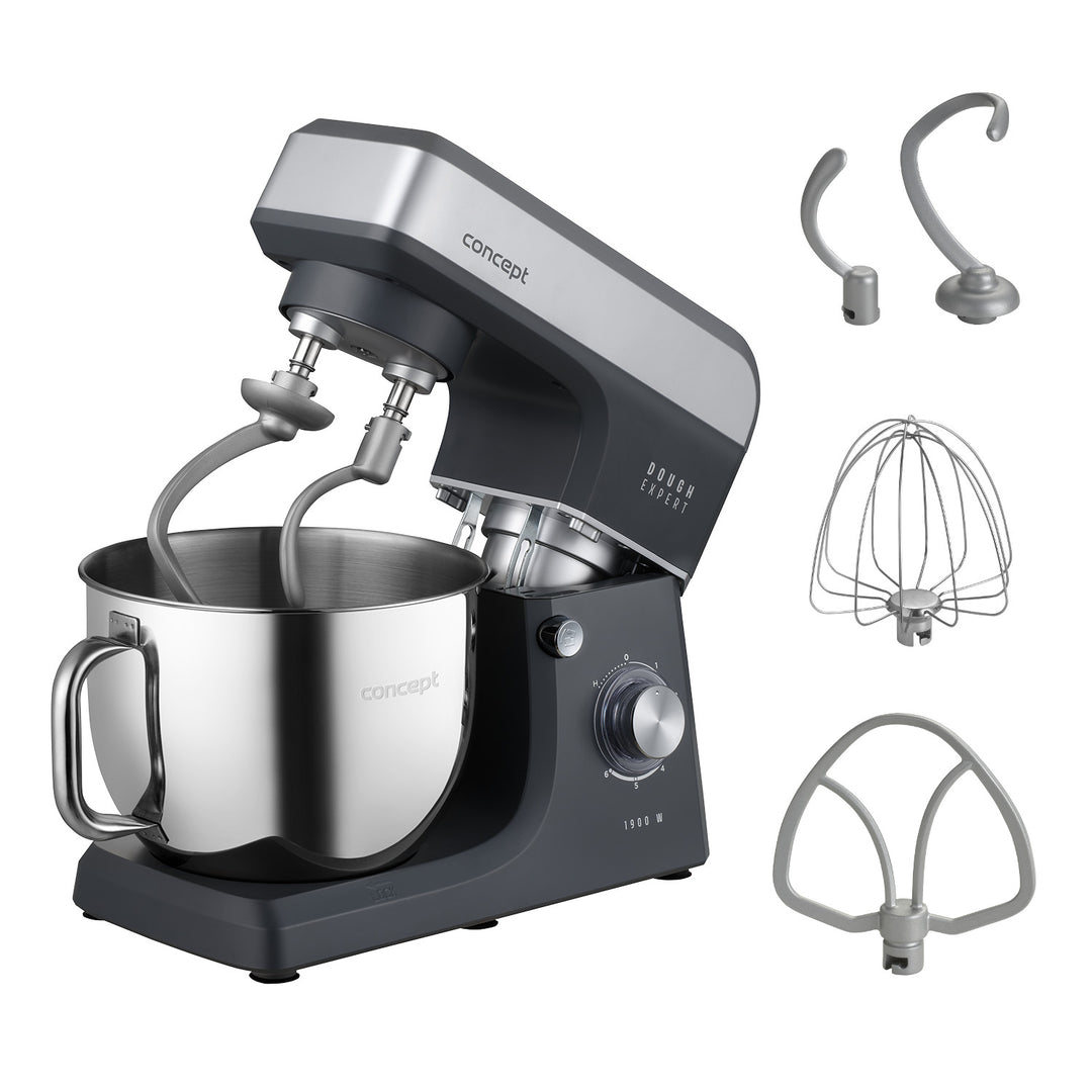 Concept Dough Expert keukenrobot met planeetarm, vermogen 1900 W, dubbele deeghaak, verwarmingsfunctie voor de kom, 6 verschillende snelheden, RM6010