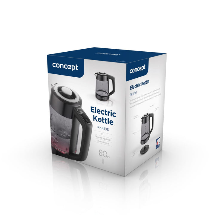 Concept glazen waterkoker, inhoud 1,7 l, vermogen 1850-2200 W, kleur zwart, Strix-aansluiting, temperatuurregeling, digitale bediening, RK4195