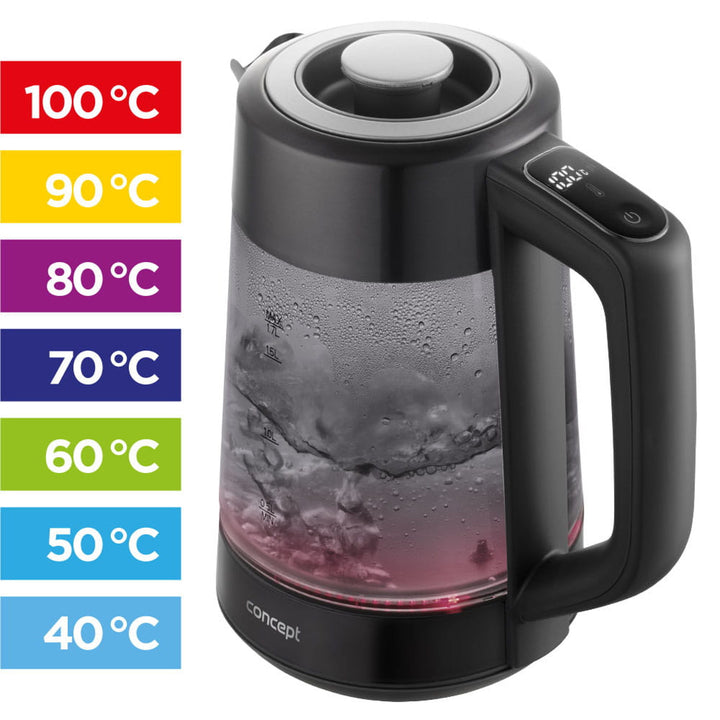 Concept glazen waterkoker, inhoud 1,7 l, vermogen 1850-2200 W, kleur zwart, Strix-aansluiting, temperatuurregeling, digitale bediening, RK4195