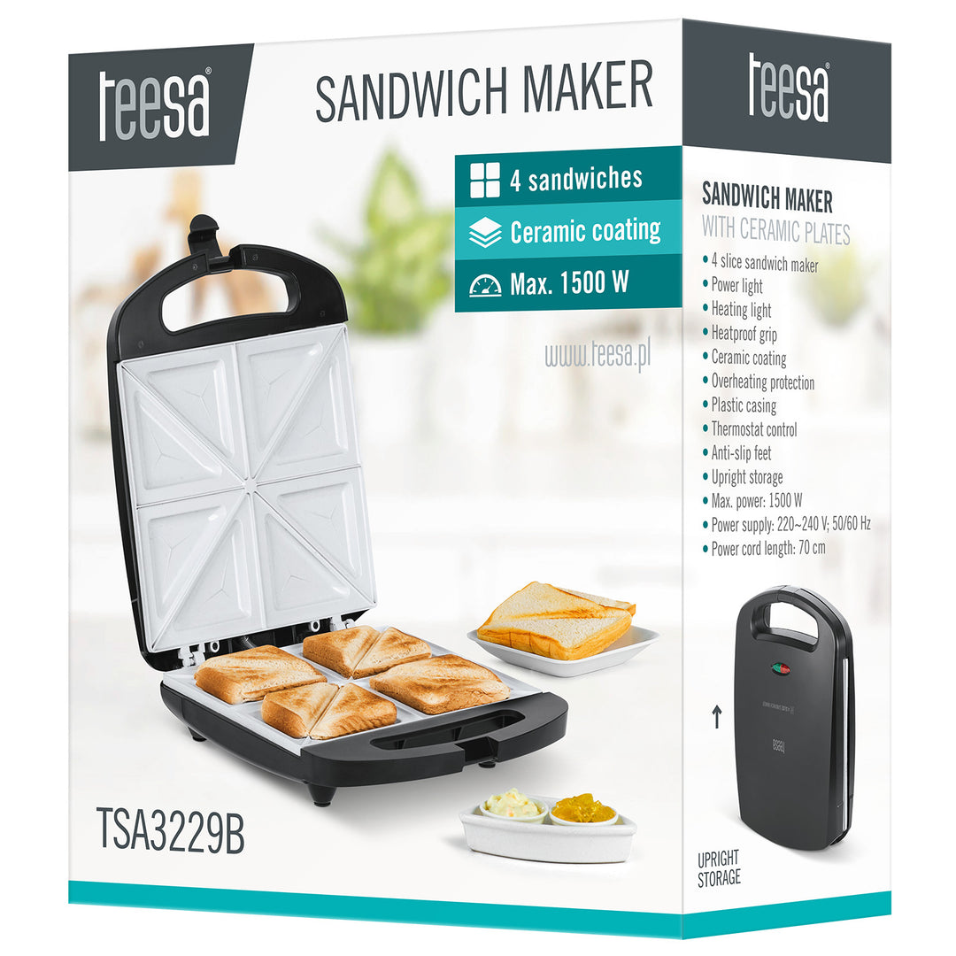 Teesa sandwichmaker, keramische elementen, voor 4 sandwiches, maximaal vermogen 1500 W, TSA3229B