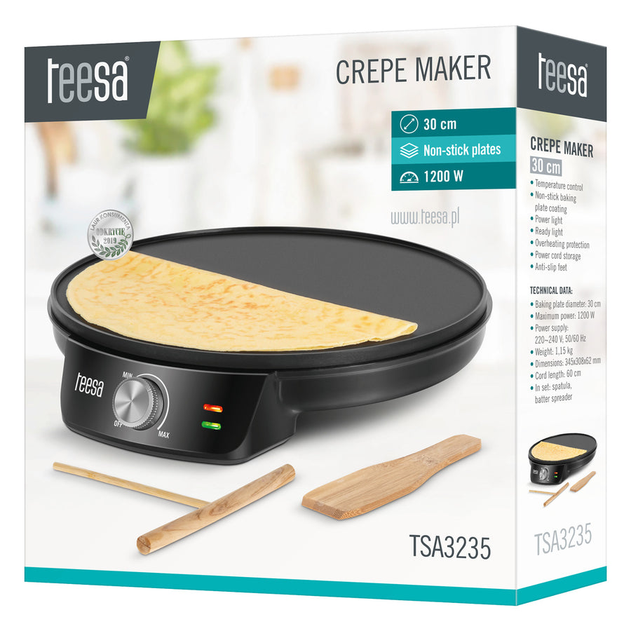 Teesa pannenkoekenmaker, elektrische pannenkoekenpan, diameter van de plaat 30 cm, vermogen 1200 W, TSA3235
