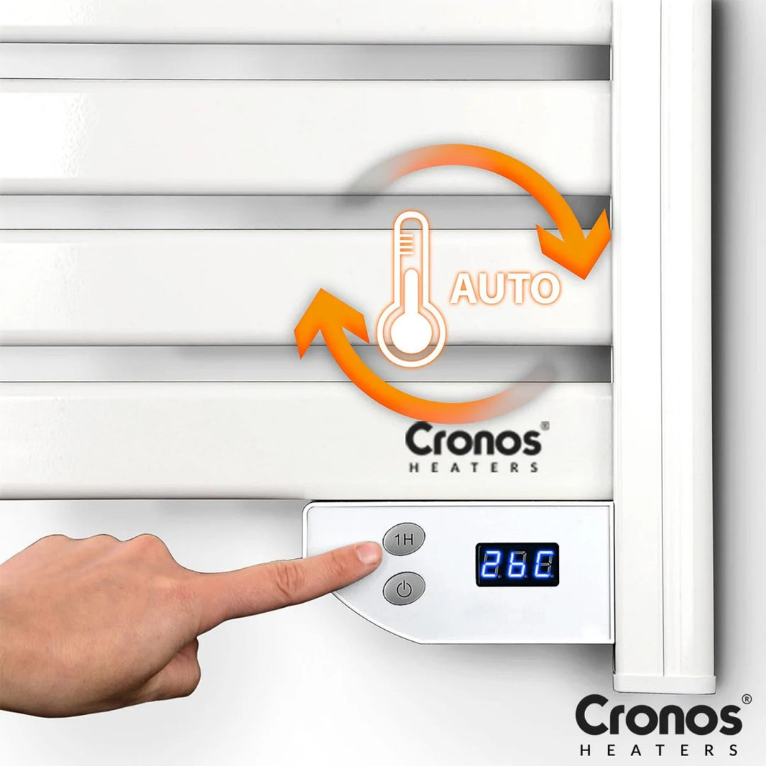 Cronos elektrische badkamerradiator, vermogen 500 W, verwarmt een ruimte tot 6 m², LCD-display, AUTO-functie, TIMER en functie voor het detecteren van open ramen, TW-500
