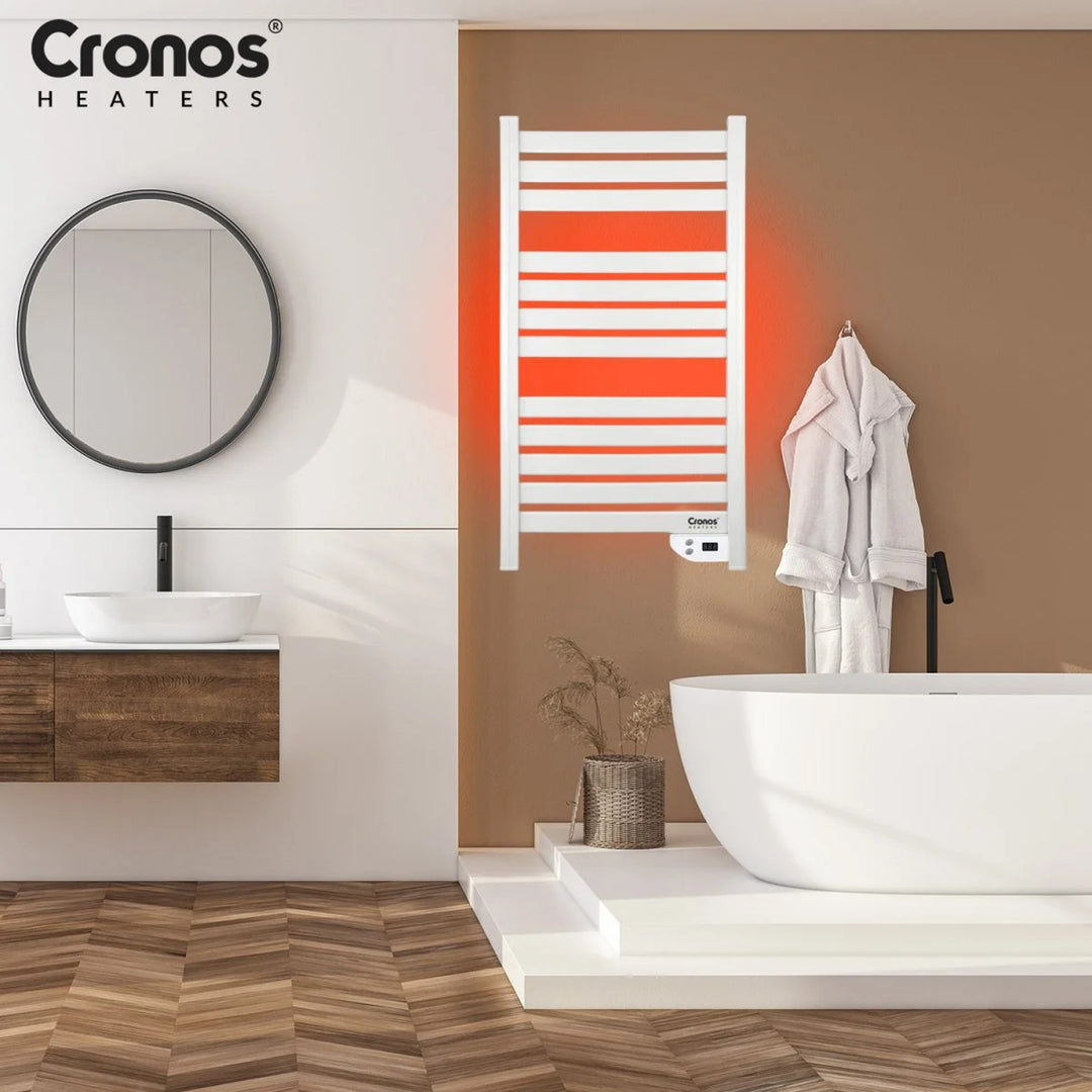 Cronos elektrische badkamerradiator, vermogen 500 W, verwarmt een ruimte tot 6 m², LCD-display, AUTO-functie, TIMER en functie voor het detecteren van open ramen, TW-500