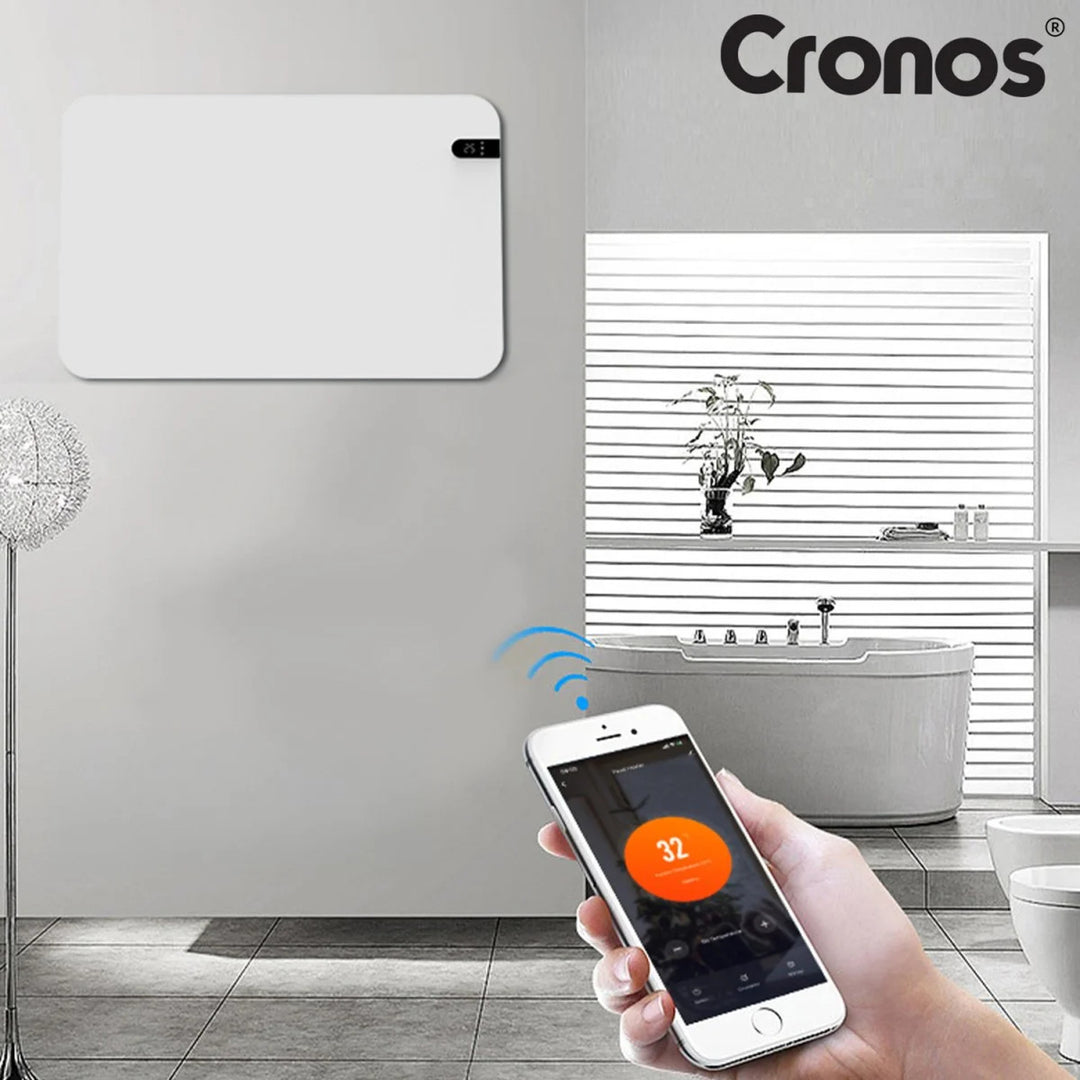 Cronos elektrische radiator, kleur wit, vermogen 450 W, verwarming van ruimtes tot 14 m², ingebouwde thermostaat, bediening met afstandsbediening, functie voor het detecteren van open ramen, voetjes meegeleverd, WFH-450TW