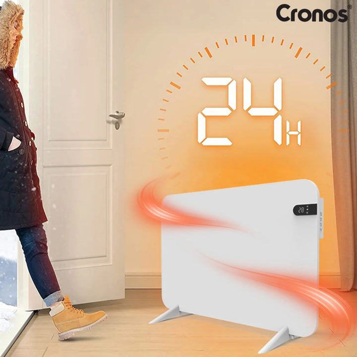 Cronos elektrische radiator, kleur wit, vermogen 450 W, verwarming van ruimtes tot 14 m², ingebouwde thermostaat, bediening met afstandsbediening, functie voor het detecteren van open ramen, voetjes meegeleverd, WFH-450TW