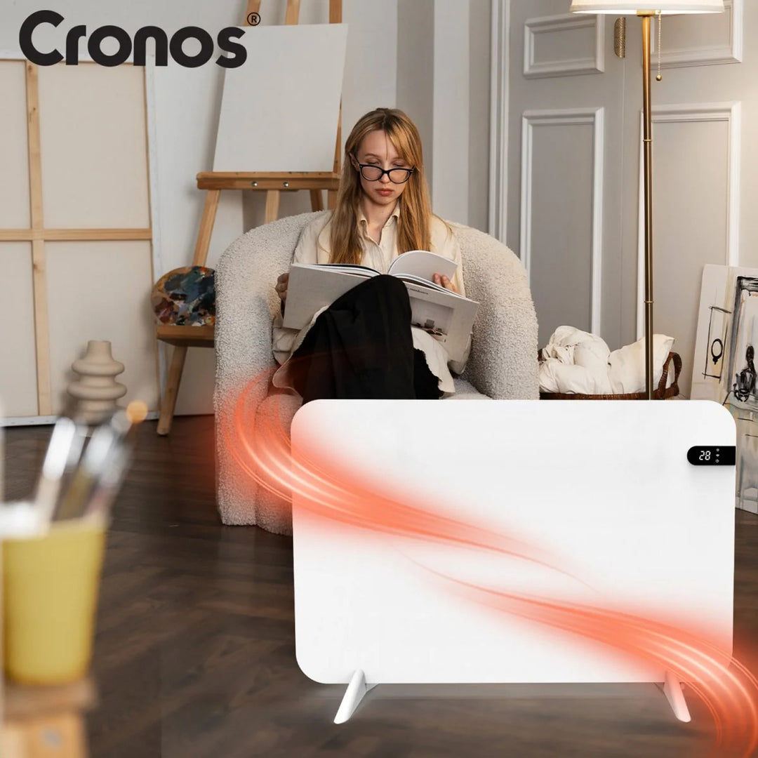 Cronos elektrische radiator, kleur wit, vermogen 450 W, verwarming van ruimtes tot 14 m², ingebouwde thermostaat, bediening met afstandsbediening, functie voor het detecteren van open ramen, voetjes meegeleverd, WFH-450TW