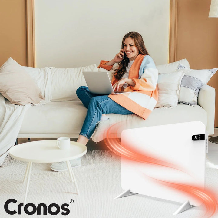 Cronos elektrische radiator, kleur wit, vermogen 450 W, verwarming van ruimtes tot 14 m², ingebouwde thermostaat, bediening met afstandsbediening, functie voor het detecteren van open ramen, voetjes meegeleverd, WFH-450TW