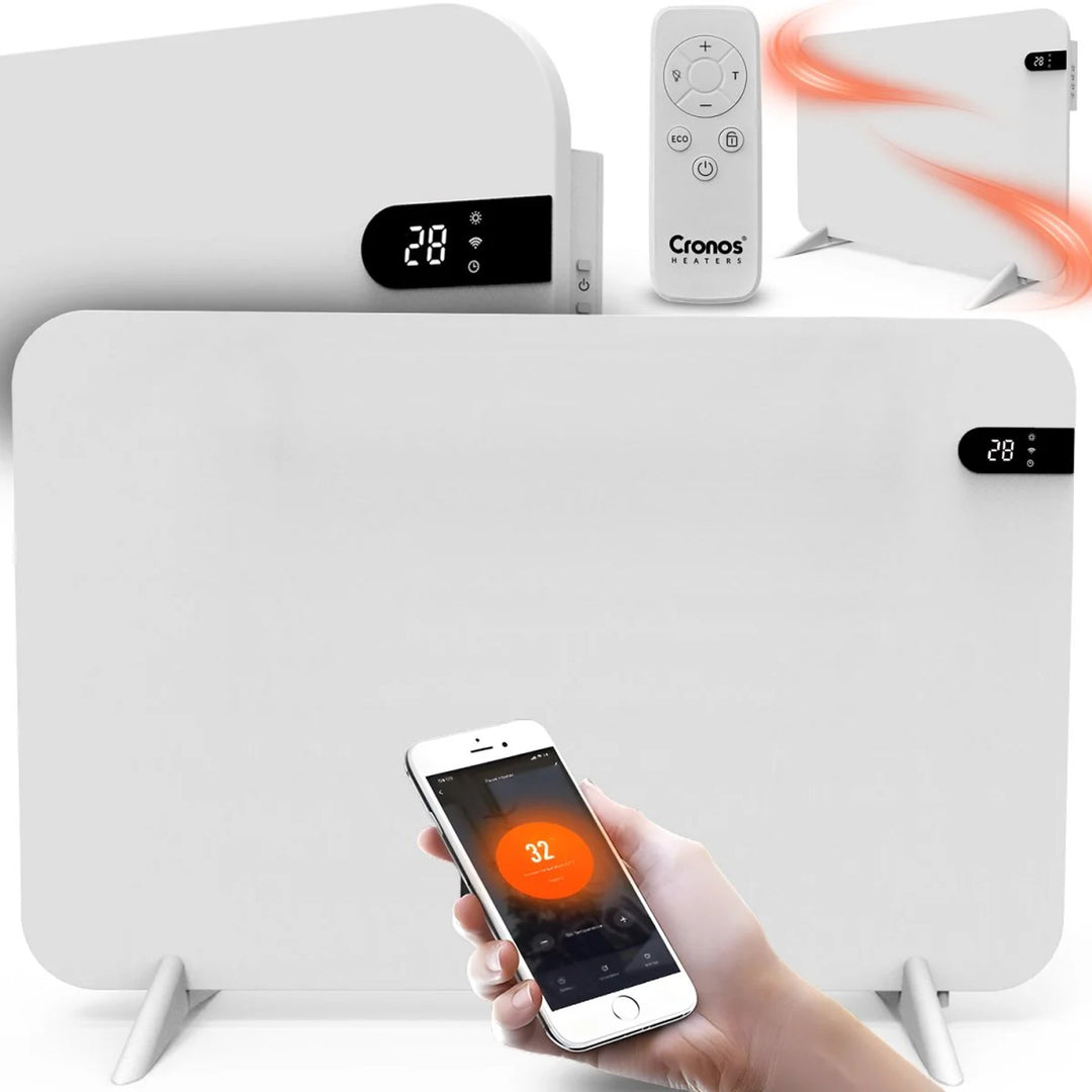 Cronos elektrische radiator, kleur wit, vermogen 450 W, verwarming van ruimtes tot 14 m², ingebouwde thermostaat, bediening met afstandsbediening, functie voor het detecteren van open ramen, voetjes meegeleverd, WFH-450TW