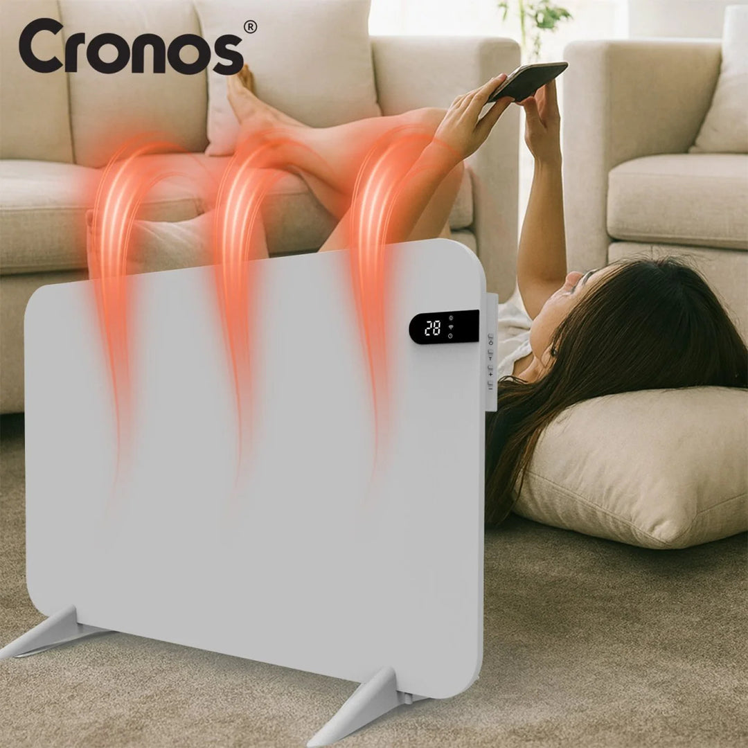 Cronos elektrische radiator, kleur wit, vermogen 450 W, verwarming van ruimtes tot 14 m², ingebouwde thermostaat, bediening met afstandsbediening, functie voor het detecteren van open ramen, voetjes meegeleverd, WFH-450TW