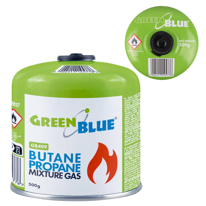 GreenBlue-gaspatroon van 500 g. Certificaat: Pi 0437, voldoet aan EN 417, butaan-propaan, temperatuurbereik -10 °C tot +40 °C, schroefdraadventiel 7/16'' GB499