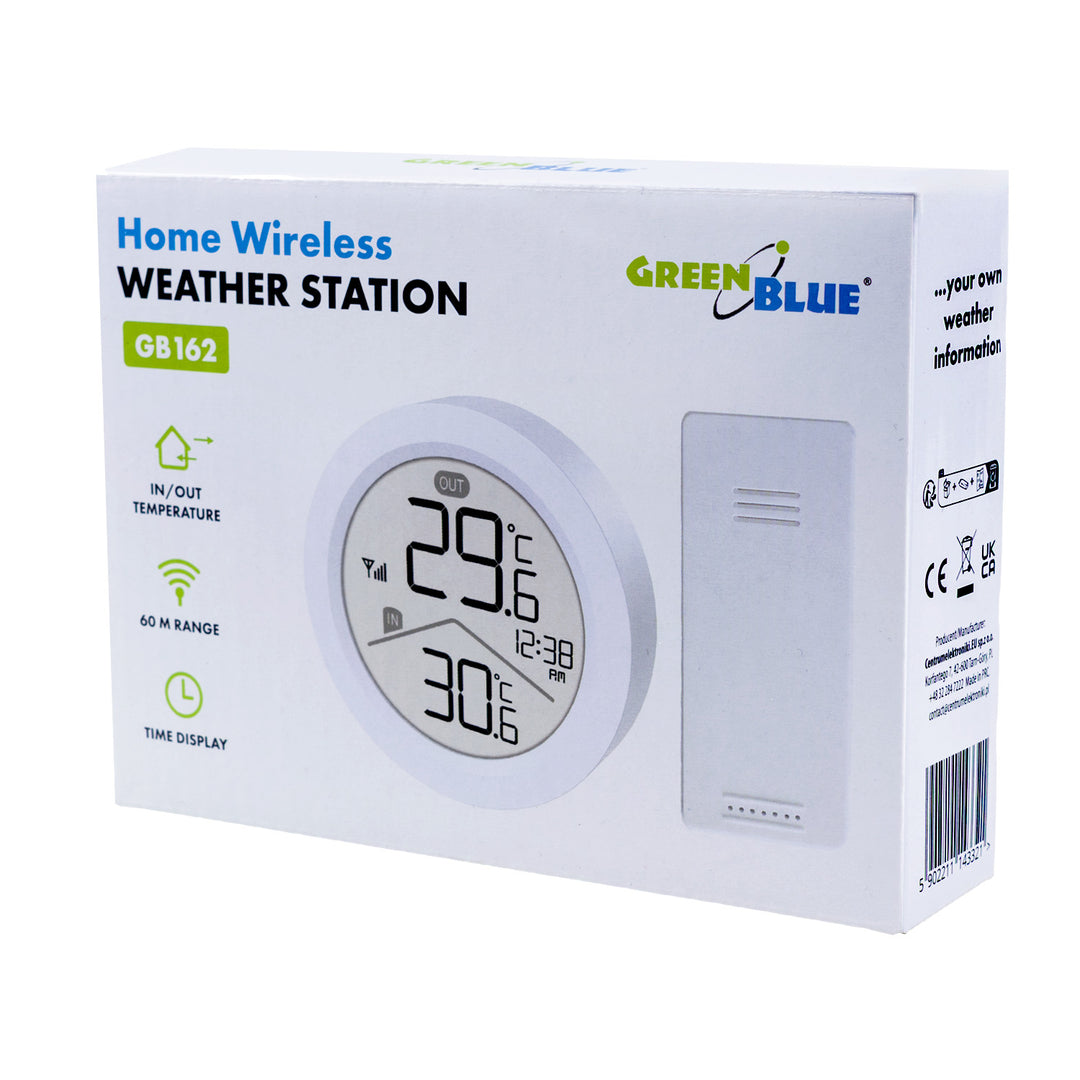 GreenBlue draadloze weerstation, temperatuur IN/OUT, klok, keuze tussen °C / °F, bereik tot 60 m, GB162, 4x AAA-batterij