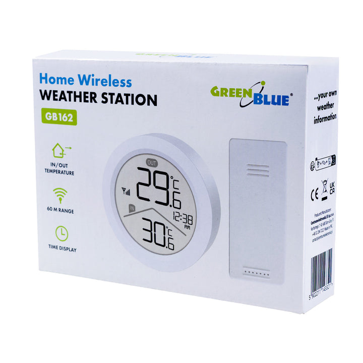 GreenBlue draadloze weerstation, temperatuur IN/OUT, klok, keuze tussen °C / °F, bereik tot 60 m, GB162, 4x AAA-batterij
