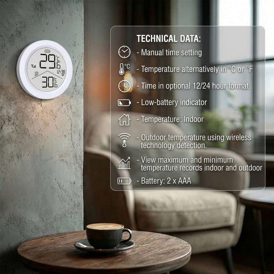 GreenBlue draadloze weerstation, temperatuur IN/OUT, klok, keuze tussen °C / °F, bereik tot 60 m, GB162, 4x AAA-batterij