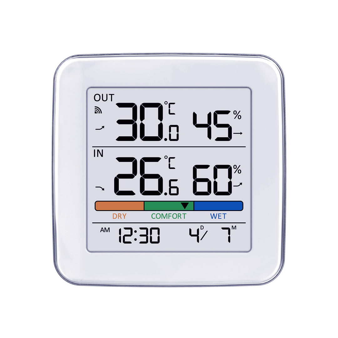 Draadloze weerstation GreenBlue, temperatuur + vochtigheid IN/OUT, klok + alarm + datum, keuze tussen °C / °F, bereik tot 60 m, GB169, 4x AAA-batterij