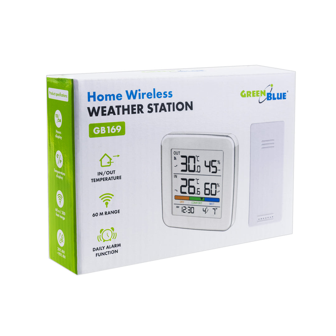 Draadloze weerstation GreenBlue, temperatuur + vochtigheid IN/OUT, klok + alarm + datum, keuze tussen °C / °F, bereik tot 60 m, GB169, 4x AAA-batterij