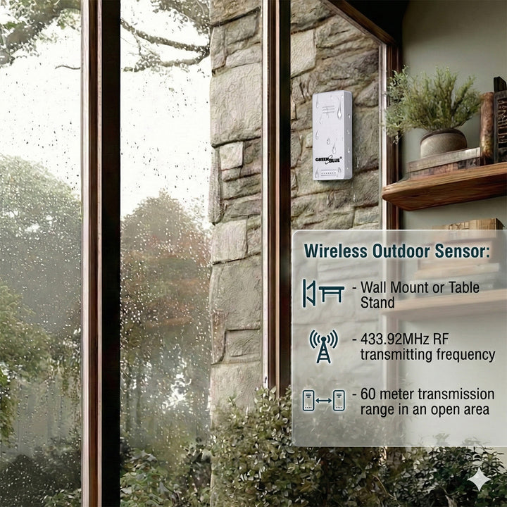 Draadloze weerstation GreenBlue, temperatuur + vochtigheid IN/OUT, klok + alarm + datum, keuze tussen °C / °F, bereik tot 60 m, GB169, 4x AAA-batterij
