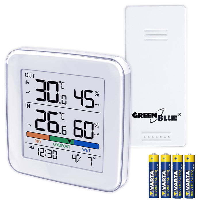 Draadloze weerstation GreenBlue, temperatuur + vochtigheid IN/OUT, klok + alarm + datum, keuze tussen °C / °F, bereik tot 60 m, GB169, 4x AAA-batterij