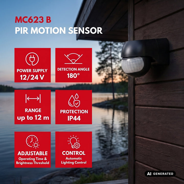 Maclean PIR-bewegingssensor 12-24 V, infrarood, IP44, zwart, bereik 12 m, max. belasting 60/120 W, MCE623 B