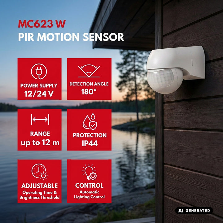 Maclean PIR-bewegingssensor 12-24 V, infrarood, IP44, wit, bereik 12 m, max. belasting 60/120 W, MCE623 W