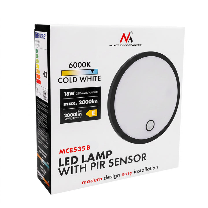 Maclean LED-lamp met bewegingssensor, PIR-sensor, zwart, 10 W/15 W/18 W, IP65, instelbare kleurtemperatuur 3000/4000/6000 K, MCE535 B