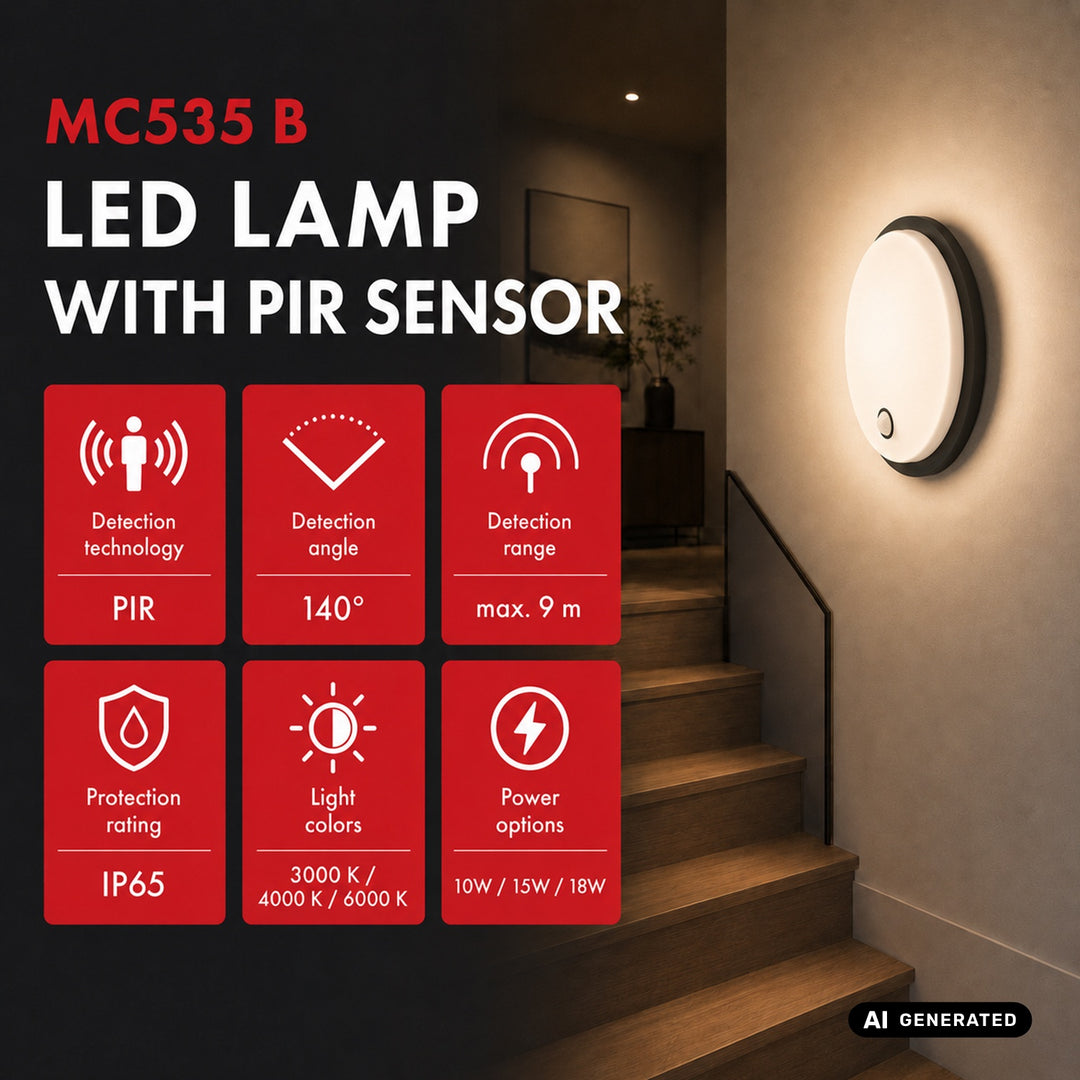 Maclean LED-lamp met bewegingssensor, PIR-sensor, zwart, 10 W/15 W/18 W, IP65, instelbare kleurtemperatuur 3000/4000/6000 K, MCE535 B
