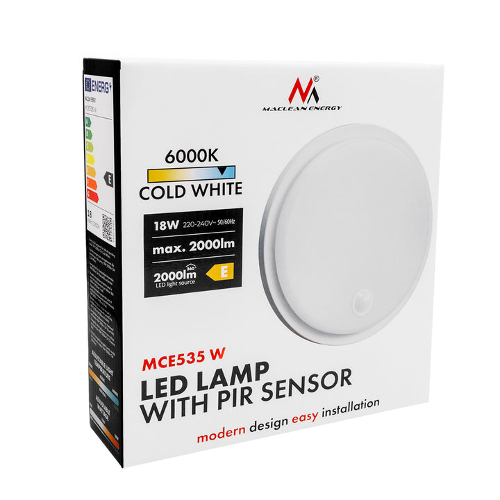 Maclean LED-lamp met bewegingssensor, PIR-sensor, wit, 10 W/15 W/18 W, IP65, instelbare kleurtemperatuur 3000/4000/6000 K, MCE535 W