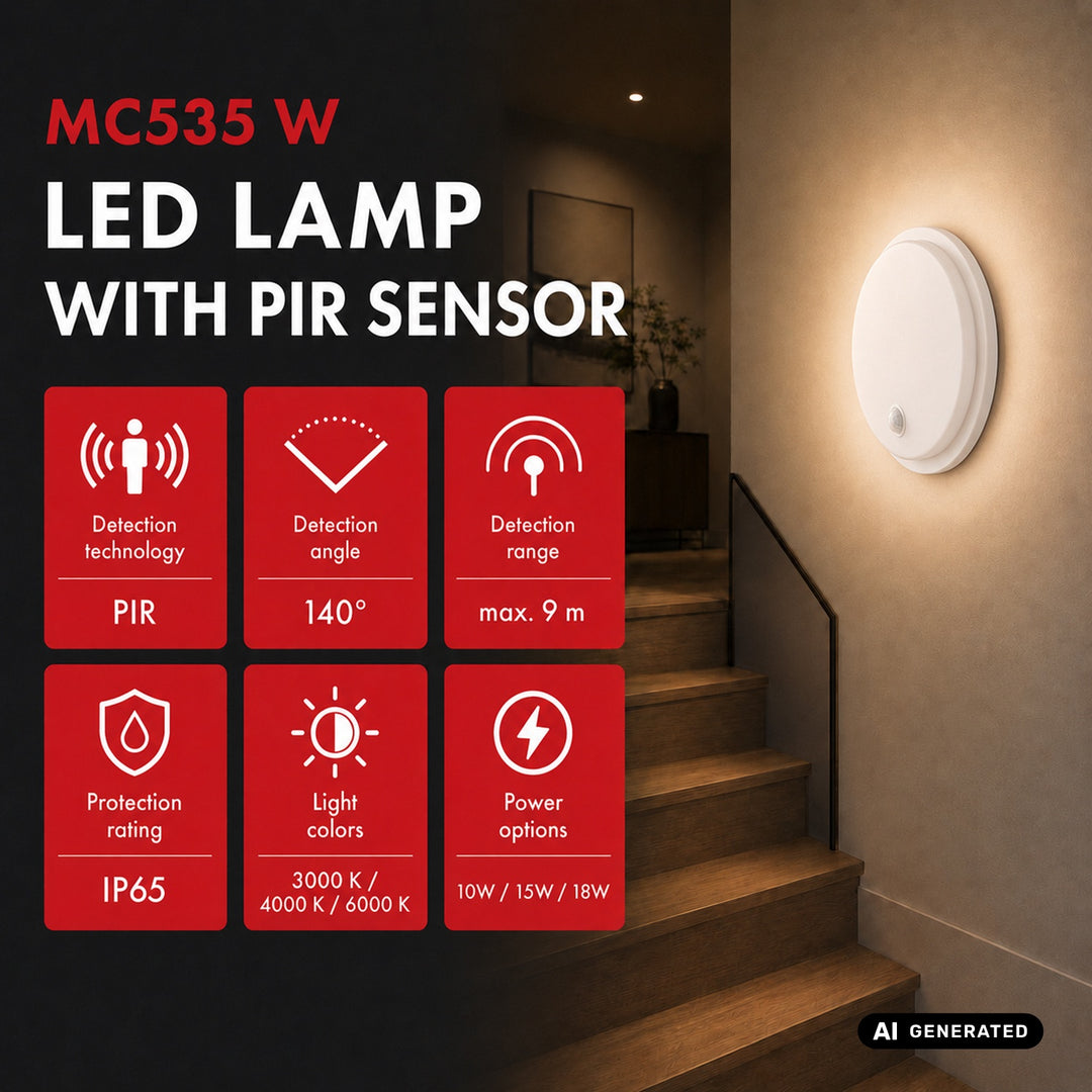 Maclean LED-lamp met bewegingssensor, PIR-sensor, wit, 10 W/15 W/18 W, IP65, instelbare kleurtemperatuur 3000/4000/6000 K, MCE535 W