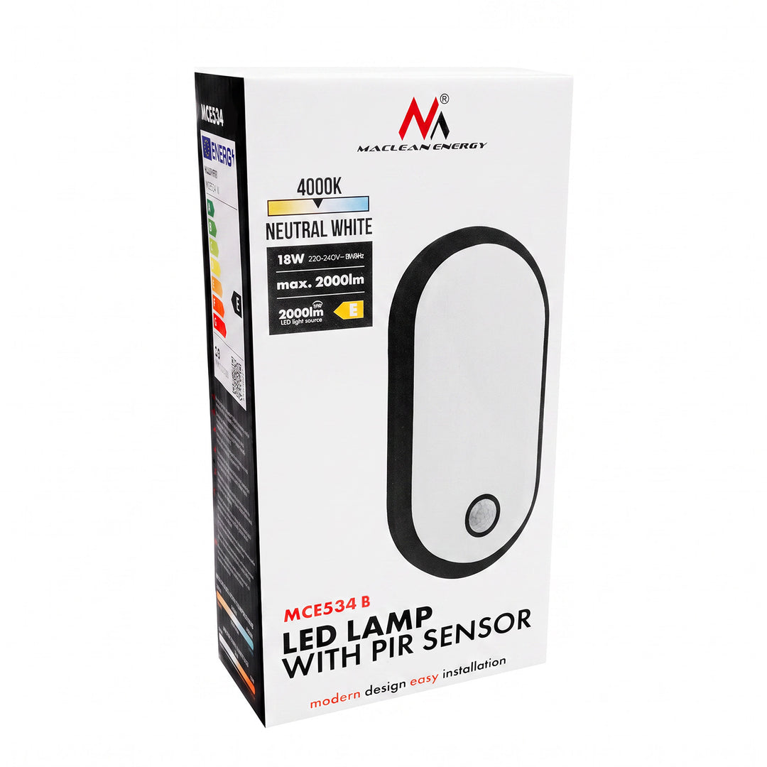 Maclean LED-lamp met bewegingssensor, PIR-sensor, zwart, 10 W/15 W/18 W, IP65, instelbare kleurtemperatuur 3000/4000/6000 K, MCE534 B