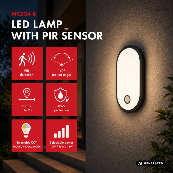 Maclean LED-lamp met bewegingssensor, PIR-sensor, zwart, 10 W/15 W/18 W, IP65, instelbare kleurtemperatuur 3000/4000/6000 K, MCE534 B