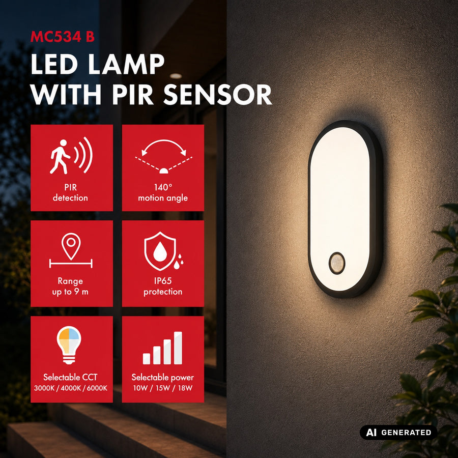 Maclean LED-lamp met bewegingssensor, PIR-sensor, zwart, 10 W/15 W/18 W, IP65, instelbare kleurtemperatuur 3000/4000/6000 K, MCE534 B