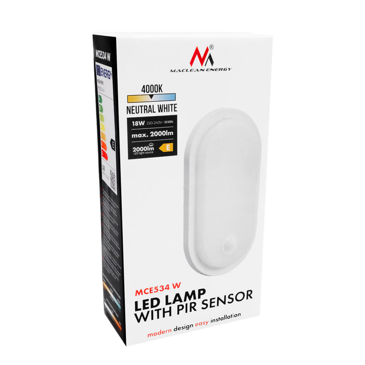 Maclean LED-lamp met bewegingssensor, PIR-sensor, wit, 10 W/15/18 W, IP65, instelbare kleurtemperatuur 3000/4000/6000 K, MCE534 W