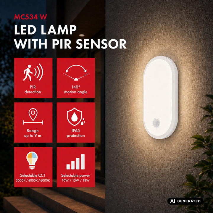 Maclean LED-lamp met bewegingssensor, PIR-sensor, wit, 10 W/15/18 W, IP65, instelbare kleurtemperatuur 3000/4000/6000 K, MCE534 W