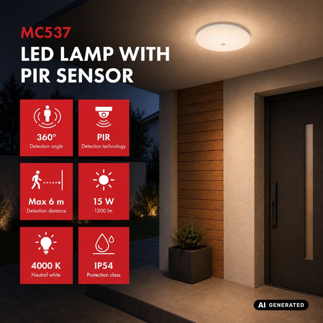 Maclean LED-lamp met PIR-sensor, plafondmodel, 15 W, 1300 lm, IP54, 220-240 V~ 50/60 Hz, MCE537