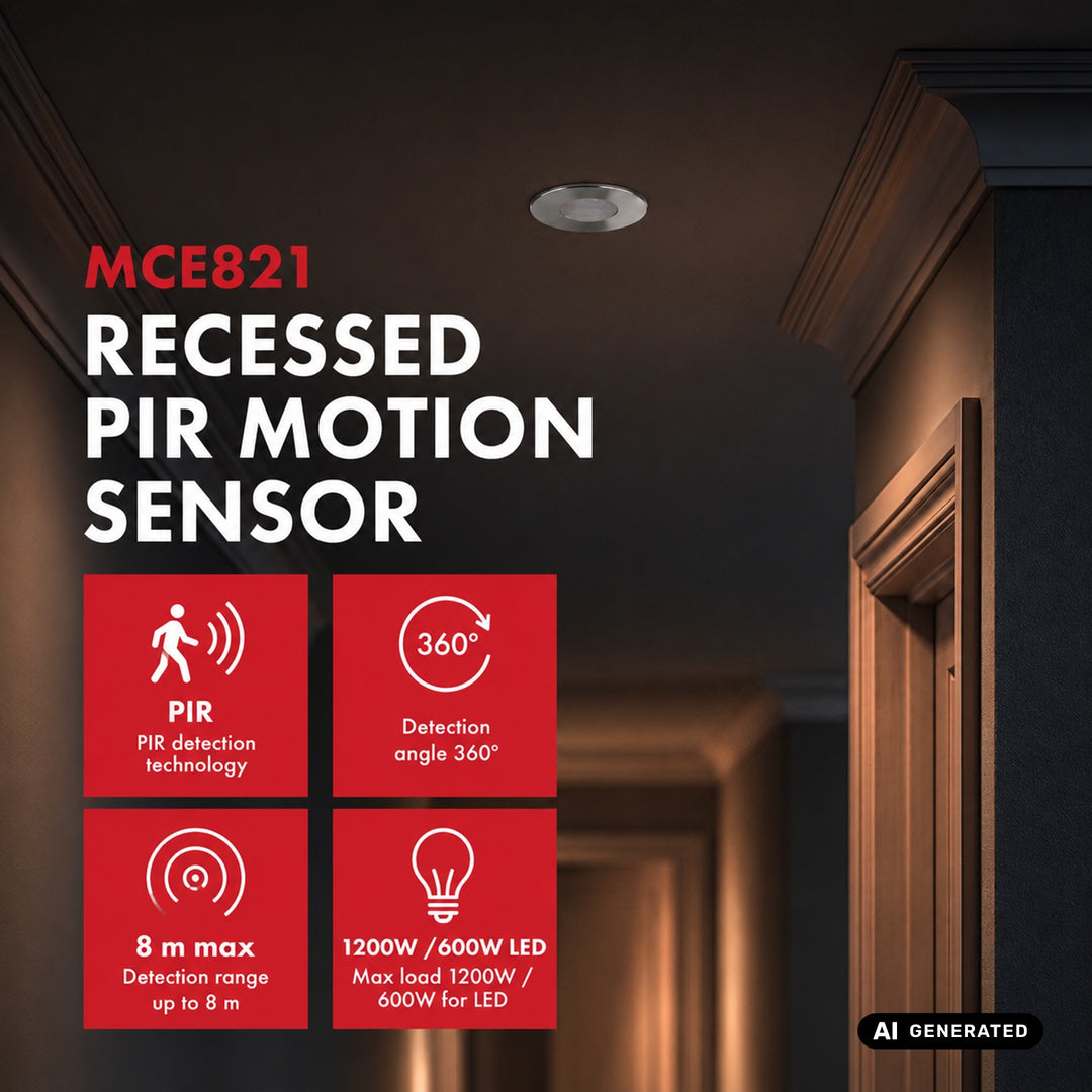 Maclean PIR-bewegingssensor, inbouwmodel, bereik 8 m, 600 W/1200 W, 220-240 V AC, 50/60 Hz, MCE821