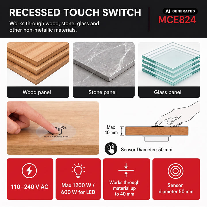 Maclean inbouw-aanraakschakelaar, <40 mm, 110-240 V AC, max. belasting 600 W voor LED, MCE824