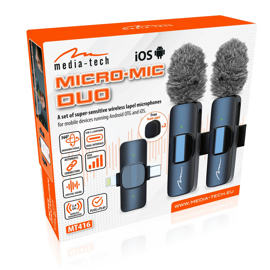 MICRO-MIC DUO - 2x draadloze microfoon met clip (set), iOS & Android (OTG), mini, supergevoelig. USB-C & LIGHTNING, Mediatech