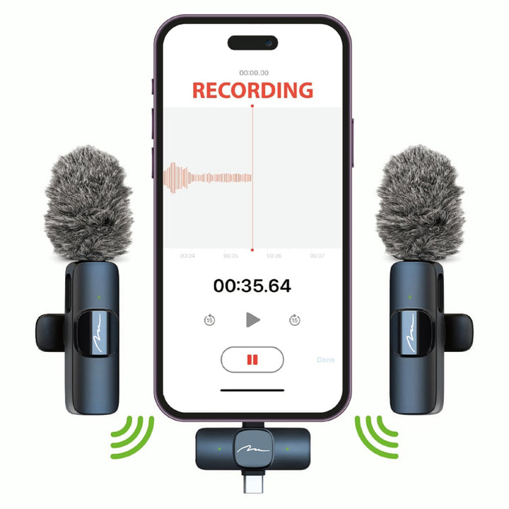 MICRO-MIC DUO - 2x draadloze microfoon met clip (set), iOS & Android (OTG), mini, supergevoelig. USB-C & LIGHTNING, Mediatech