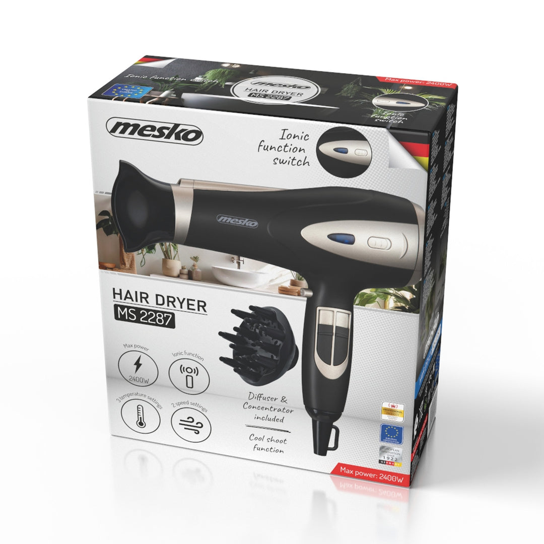 Mesko haardroger, ionisatiefunctie, diffuser, vermogen 2200 W, zwart, MS 2287