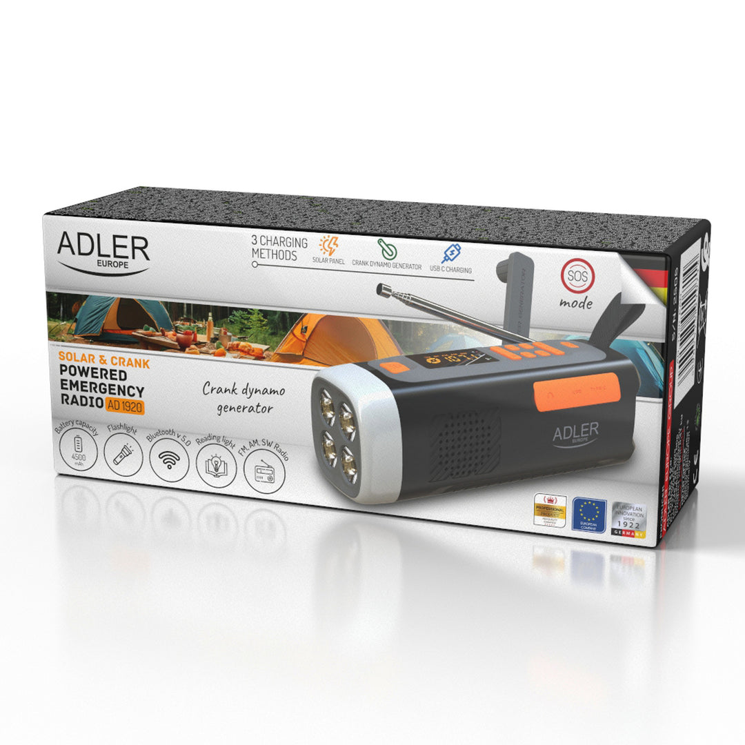 Adler noodradio, met zonnepaneel, handkruk en powerbank, Bluetooth 5.0, 4W LED-zaklamp, 4500 mAh, AD 1920
