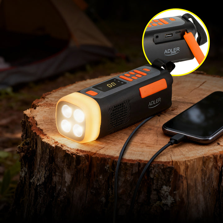 Adler noodradio, met zonnepaneel, handkruk en powerbank, Bluetooth 5.0, 4W LED-zaklamp, 4500 mAh, AD 1920