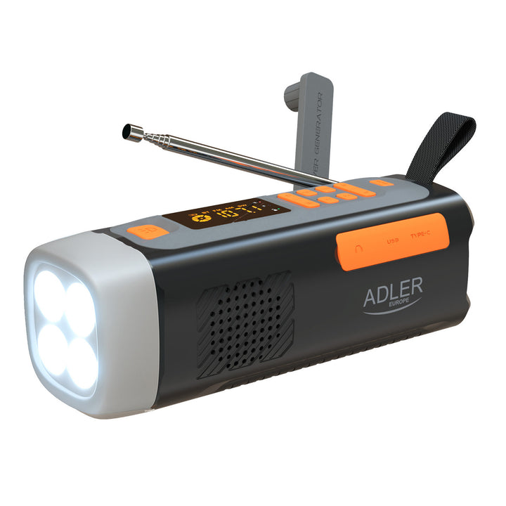 Adler noodradio, met zonnepaneel, handkruk en powerbank, Bluetooth 5.0, 4W LED-zaklamp, 4500 mAh, AD 1920