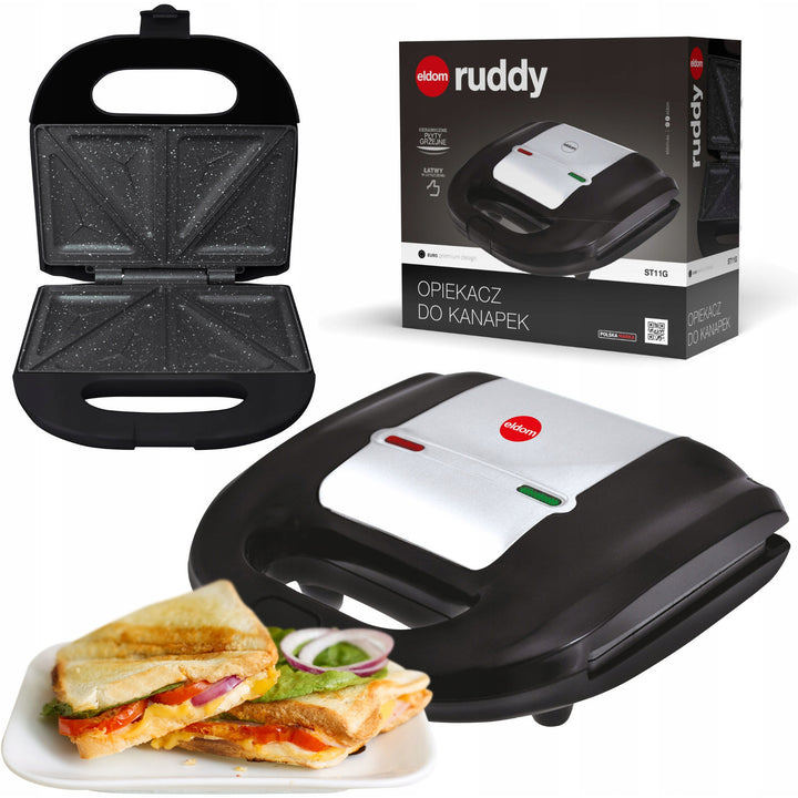 Eldom sandwichmaker, antiaanbaklaag van keramiek, snelle opwarming, vermogen 750 W, snel schoon te maken, LED-indicatielampje, antislipvoetjes, ST11G