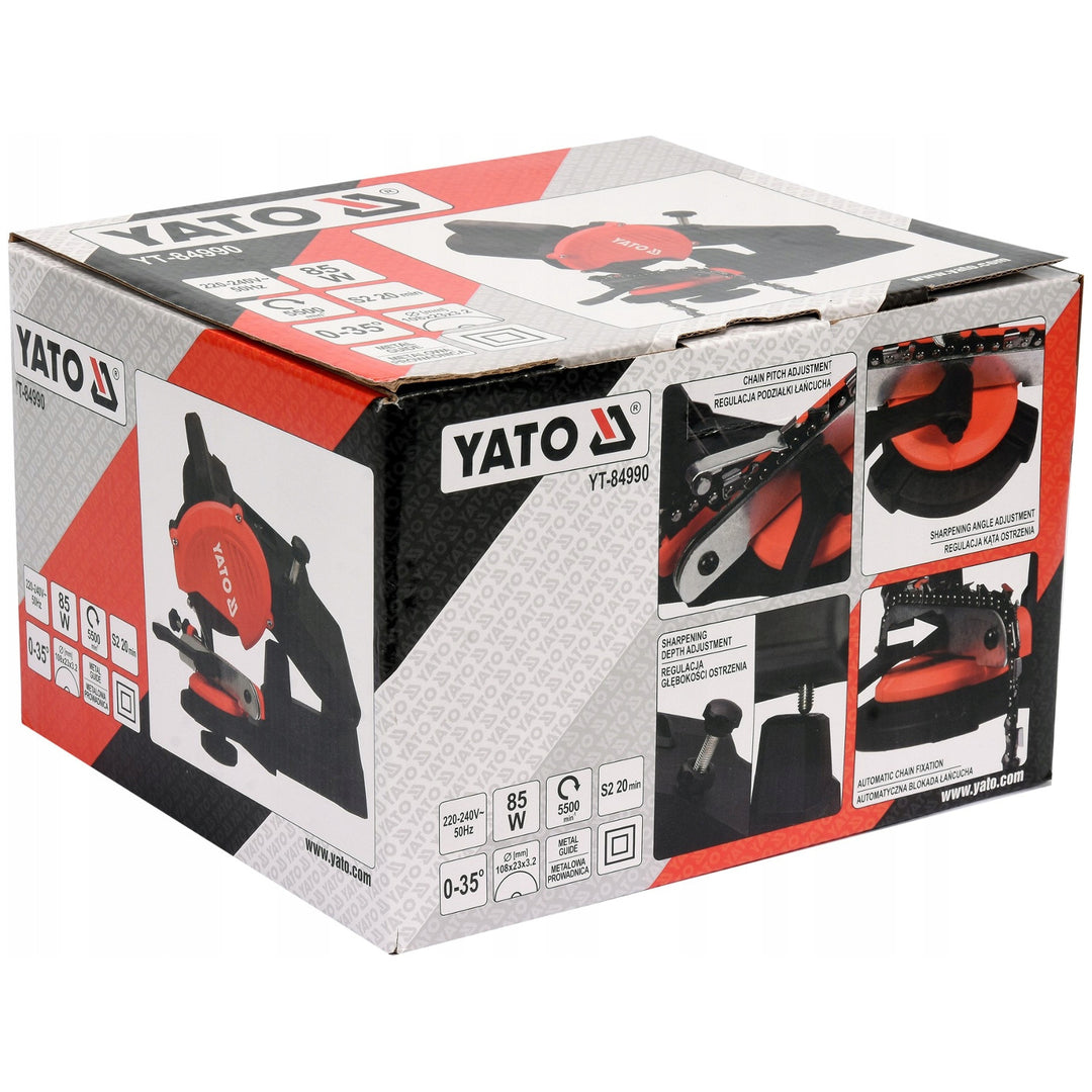 Elektrische slijper Yato, voor zaagkettingen van kettingzagen, vermogen 85 W, toerental 5500 tpm, slijphoek 0-35°, metalen geleider, snoer 1,8 m, YT-84990