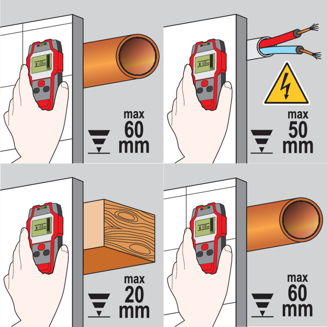 Professionele kabel- en profieldetector van Yato, groot display met LED-verlichting, inclusief hoes, geluidssignaal en drie signaal-LED's, instelbare detectiekracht, YT-73131