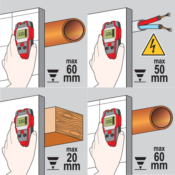 Professionele kabel- en profieldetector van Yato, groot display met LED-verlichting, inclusief hoes, geluidssignaal en drie signaal-LED's, instelbare detectiekracht, YT-73131