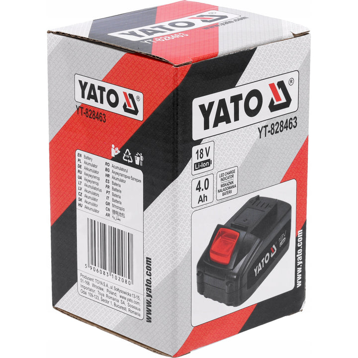 Yato accu voor elektrisch gereedschap, voor de 18V-serie, vermogen 72 Wh, max. uitgangsstroom 60 A, Li-Ion 4 Ah, YT-828463
