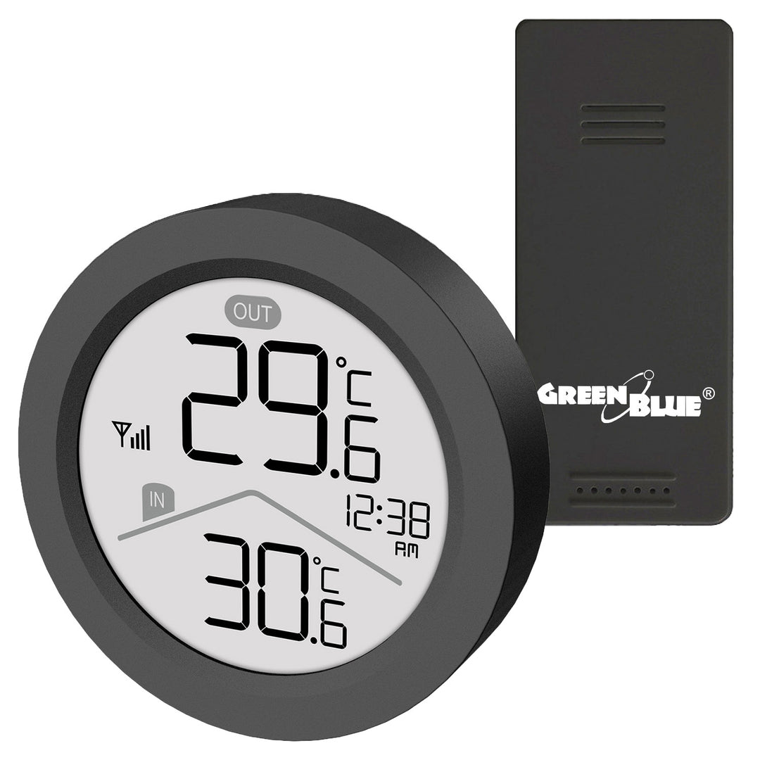 GreenBlue draadloos weerstation, binnen- en buitentemperatuur, klok, keuze uit °C / °F, bereik tot 60 m, zwart, GB162 B